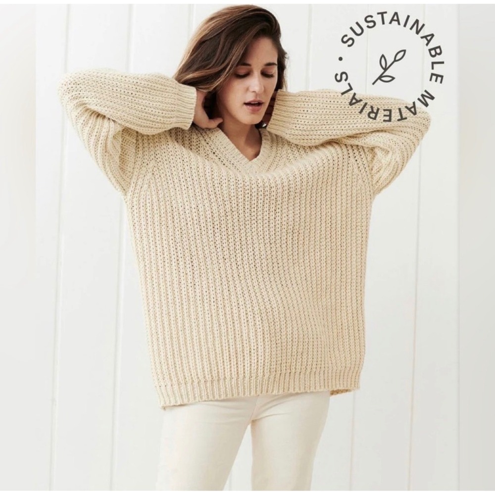 Jenni Kayne Organic Cotton Cabin Sweater Fisherman Oversized V-Neck Cream XS